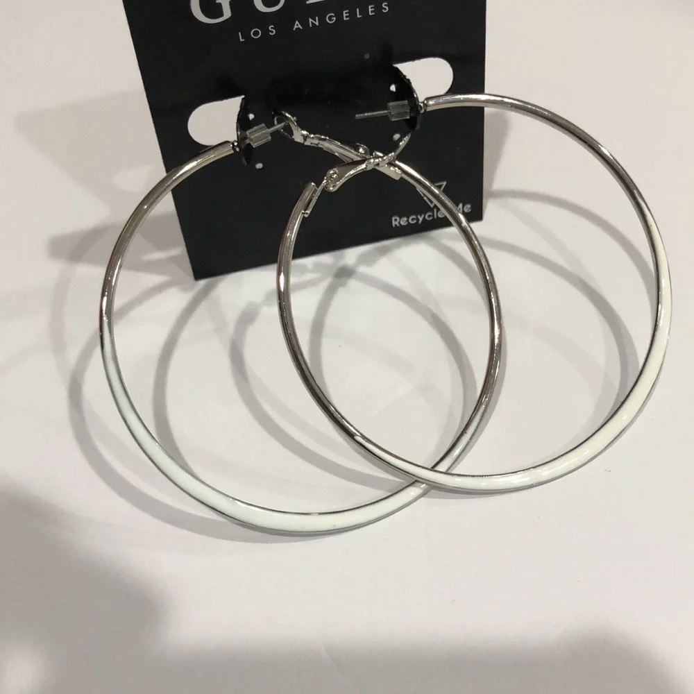 Guess silver tone white dipped‎ colorblock circle hoop earrings new